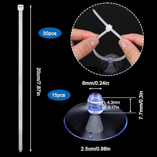 15 Pcs Aquarium Suction Cups with 30 Pcs Zip Ties - Transparent Suction Cup for Aquarium, Plants Binding, Moss Shrimp Nest Landscape Fixation - Utility Sucker Pads for Kitchen Hanging Organization