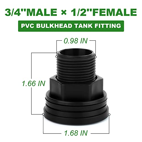 TAISHER 2PCS Black PVC 3/4'' Male × 1/2'' Female Bulkhead Tank Connector Adapter Fitting with Gasket for Water Tank, Rain barrels, Aquariums, Bathtubs and Sink - size: 3/4" Male × 1/2" Female(PVC) with Gasket