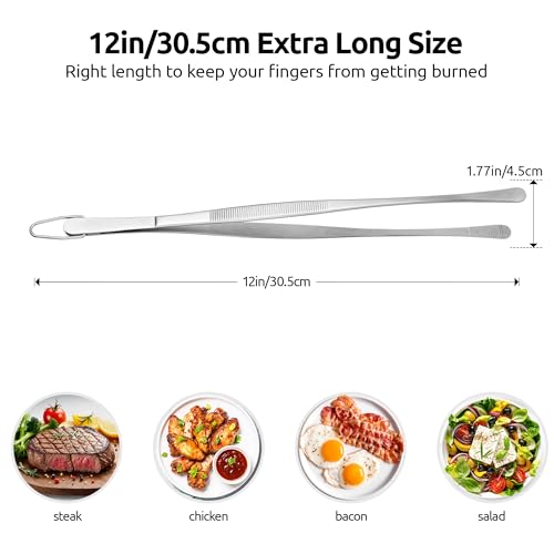 U-Taste 12in Long Kitchen Cooking Tweezer: 18/8 Stainless Steel Food-Grade Metal Food Tong, Flexible Pinching, Seamless-Welding, Sturdy and Non-Slip for Serving, Grilling, Frying, Baking (Round Tip) - size: 12in (round tip)