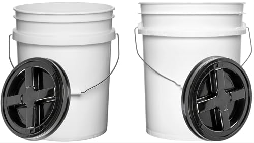 House Naturals Food Grade 5 Gallon Made in USA Plastic Bucket with Screw on Lid (White Buckets with Black Lids) - color: White Buckets With Black Lids