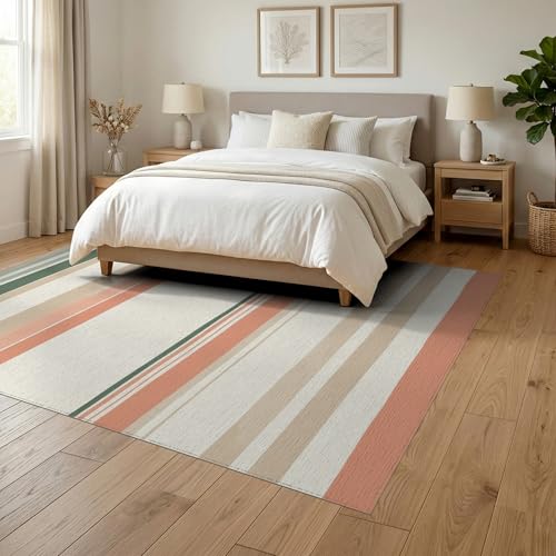 6'x9' Washable Flatwoven Rug, Beige Scandinavian Stripe Stain Resistant Large Carpet for Dining Room, Under Table, Office, Non-Slip Chair-Friendly Floor Mat | Ref:1993948 - color: Beige/Pattern 22, size: 6' x 9' (Rectangular)