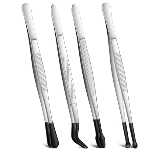 4 Pieces Rubber Tipped Tweezers PVC Rubber Coated Tip Bent and Straight Flat Tip Long Precision Tweezer for Crafts Lab Stamps Beads Hobby Jewelry Crafts Scrapbooking Tools (Black)