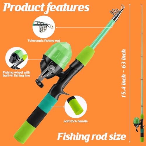 Kids Fishing Rod Reel Combo 4.92FT/5.9FT 2PCS Telescopic Fishing Pole Spincast Reel with Fishing Accessories Ultralight Fishing Tackle Starter Kit Kids Fishing Pole for Boys Girls Toddlers - color: Spincasting-4.92FT-2pack-Green