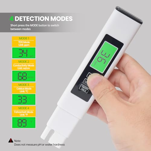 TDS Water Tester, 4 in 1 TDS Meter Digital Water Tester, Accurate and Reliable Digital TDS EC & Temp(°C,°F) Meter, 0-9990PPM Water Quality Tester for Drinking Water RO/DI System Aquarium White 6.1In