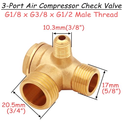 Uenede Solid Brass 3-Port Air Compressor Check Valve G1/8" x G3/8" x G1/2" Male Threaded Tube Connector Non-Return Valve