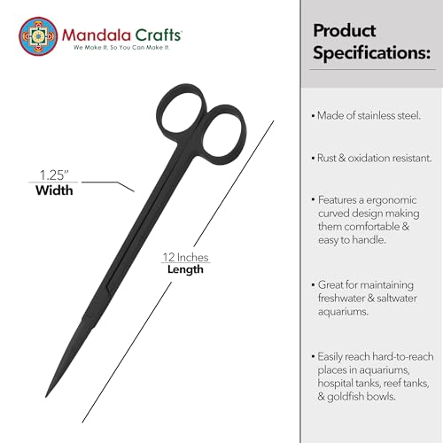 Mandala Crafts 12 Inches Black Stainless Steel Straight Aquarium Scissors for Trimming Aquatic Plants – Long Aquascape Scissors for Fish Tanks, Hospital Tanks, Goldfish Bowls, and Terrariums - color: Black Straight Scissors, size: 12 Inches