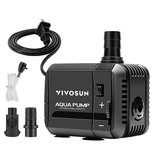 VIVOSUN 130GPH Submersible Pump(500L/H, 6W), Ultra Quiet Water Pump with 2.6ft High Lift, Fountain Water Pump with 5ft Power Cord, 2 Nozzles for Fish Tank, Pond, Aquarium, Statuary, Hydroponics - size: 130GPH