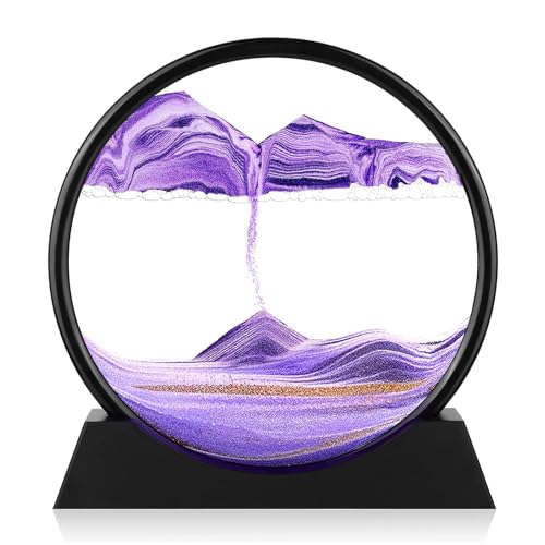 Moving Sand Art Picture - Round Glass 3D Deep Sea Sandscape - 3D Quicksand Painting Decor - Relaxing Home Decoration Desk Figurine for Office, Home, Desk, Mantle, Bookshelf - (Puple, 7 in) - color: Purple, size: 7in