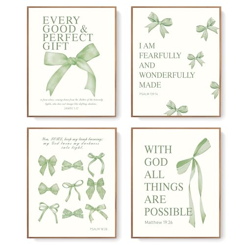 LARTSFRO Coquette Sage Green Bow Wall Art Decor Posters, Sage Green Bow Room Bedroom Bathroom Dorm Wall Art Decor Aesthetic for Teen Girls Gifts, Inspirational Bible Verses Bow Wall Decor, 10x8 Inch Set of 4 Pcs Bow Pictures (UNFRAMED) - color: green bow,