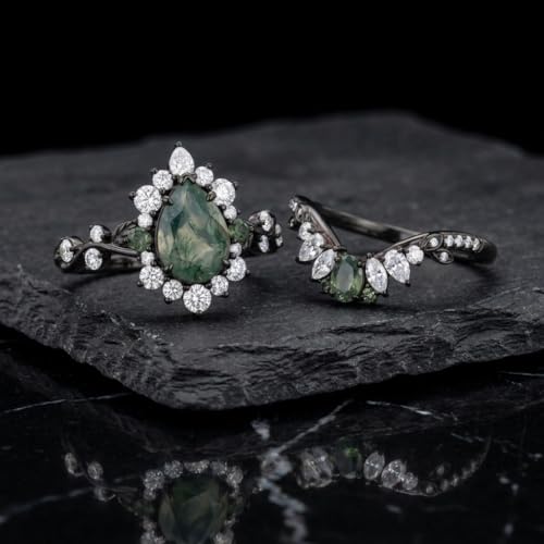 Natural Moss Agate Engagement Ring Set for Women, Unique Genuine Moss Agate Ring, 925 Sterling Silver 10K 14K 18K Solid Gold Nature Inspired Bridal Set, Boho Wedding Jewelry Gift - color: Nine