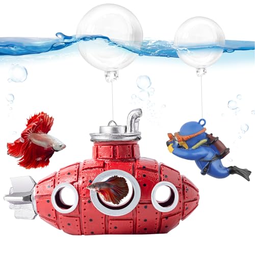 New Upgrade Floating Fish Tank Decoration, Cute Retro Submarine Set and Floating Diver,Three Float Balls, Aquarium Decorations Resinous Betta Fish Tank Accessories - color: Rose Red