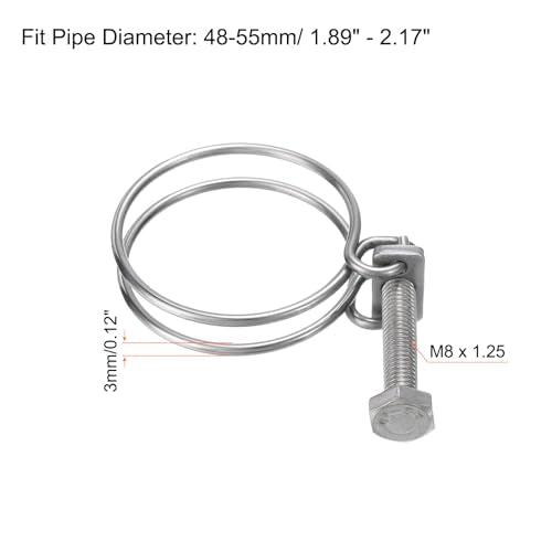 uxcell 10Pcs Double Wire Hose Clamp, 48-55mm Adjustable Stainless Steel Wire Hose Clips with M8 Bolt for Dust Collection Hose, Pump Hose Pipe - size: 48-55mm