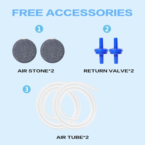 Dual Outlet Aquarium Air Pump Kit – Includes 2 Sponge Filters, Air Stones, Check Valves & Tubing - size: 5-155 Gallon