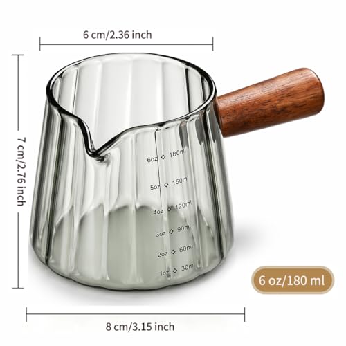 6 oz Espresso Cups - Glass Measuring Cups with Spout - Ribbed Small Creamer Pitcher- Expresso Shots Cup with Wood Handle for Coffee Milk, Dishwasher Safe (Grey, 1 pack) - color: Gray, size: 1 pack