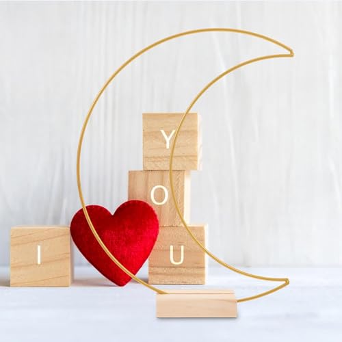 Dining Table Decor 10 Sets Metal Floral Hoop Moon Shaped Metal Wreath Ring Stand with Wood Holder Centerpiece Table Decor for DIY Xmas Wedding Table Decor Flower Garlands (Moon,26x20cm