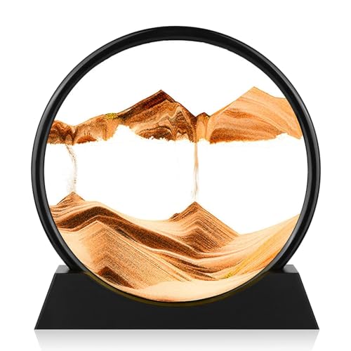 Moving Sand Art Picture - Round Glass 3D Deep Sea Sandscape - 3D Quicksand Painting Decor - Relaxing Home Decoration Desk Figurine for Office, Home, Desk, Mantle, Bookshelf - (Yellow, 7 in) - color: Yellow, size: 7in