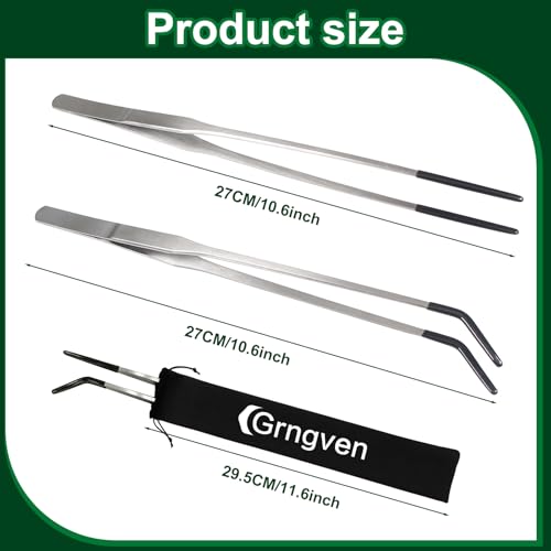 2PCS Stainless Steel Reptile Feeding Tongs with Rubber Tip, 10.6" Straight and Curved Long Tweezers Terrarium Aquascape Tools Feeder for Lizards, Bearded Dragon Snake Enclosure Tank Accessories