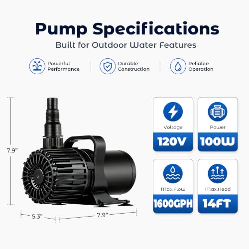 TONGCHANT Pond Pump for Fish Pond Fountain & Waterfall, 1600 GPH 14FT Lift | 100W submersible water pump, ultra quiet motor, 180° rotatable outlet, filter bag, 20FT cord, UL listed, black - size: 1600GPH-100W-Black