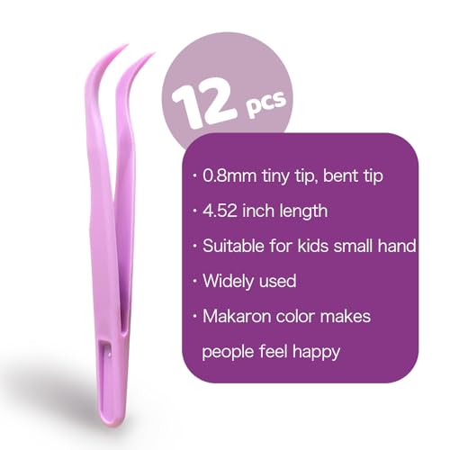 12 Pack 4.5 inches Plastic Tweezers for Kids Crafts for DIY Jewelry Making, beads bracelets, Baking Decoration, Reptile Feeding, Disposable Eyelashes Stickers Tweezers Bulk - color: Pink