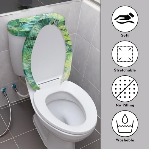 Toilet Tank Lid Cover Replacement with Elastic Bottom Easy to Clean Toilet Covers 2 Pcs Set Universal Fit Toilet Top Covers Bathroom Decoration, Green Monstera Leaf - color: Green Monstera Leaf