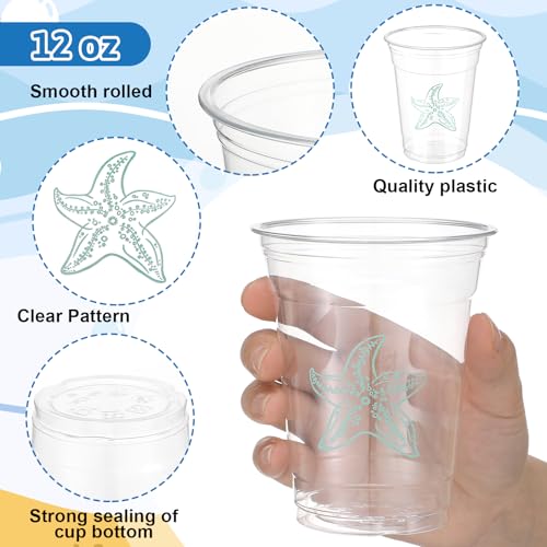 Qinyoung 100 Pcs Ocean Party Disposable Cups 12 oz Clear Plastic Cups with Sea Pattern Ocean Party Supplies for Sea Birthday Decoration Supplies(Seaside) - style: Seaside