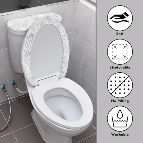 Toilet Lid Cover and Toilet Tank Lid Cover 2PCS, Durable Polyester Protective Cover with Elastic Edge Bathroom Decor Fits Most Round Elongated Oblong Lids, White Marble Print - color: White Marble Print