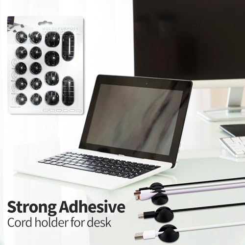 Adhesive Cable Clips Organizer 16 Pack Black Cord Holders for Desk Under Computer, Strong Sticky Wire Management Clips for Home Office TV Car Mouse Nightstand Accessories