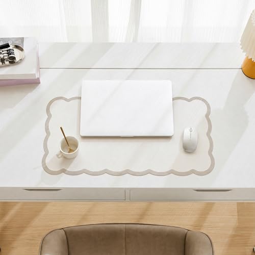 Scalloped Desk Mat, 23.6" x 11.8" Cute Small Beige Sand Aesthetic Desk Accessories, PU Leather Computer Laptop Desk Mouse Keyboard Pad, Desk Writing Mat for Vanity/Work/Home Decor - color: Beige, size: 23.6" x 11.8"