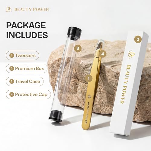 Beauty Power Tweezers for Women Facial Hair: Ultra Precision Tweezers for Women & Men, Sharp Slant Tweezer for Eyebrows, Ingrown Hair Removal. Professional Plucker + Case, German Stainless Steel Gold - color: Gold