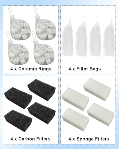 OCHIKI 4 Sets Aquarium Tank Filter Maintenance Kit Fit for AquaClear 50, Three-Stage Filtration Tank Carbon Filter & Foam Filter & Ceramic Rings & Bags for 20 to 50 Gallon Aquariums - size: for 20-50 Gallon