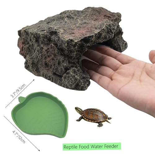 M2cbridge Aquarium Fish Hide Cave Reptile Hideout Cave Terrarium Amphibians Habitat Decor(Cave+ Water Dish) - style: Cave+ Water Dish
