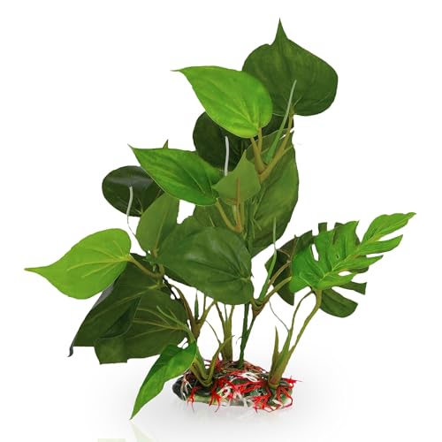 SunGrow Plastic Leaf Plant, Heavy-Duty Ceramic Base, Hiding Spot for Fish, Betta, Angelfish, Gold Fish, Frog, Python, Reptiles, Amphibians (2, 10 Inches) - size: 10 Inches