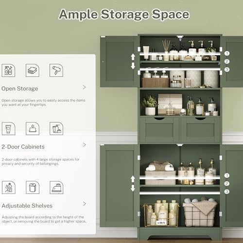 TEENFON 57.8" H Tall Bathroom Storage Cabinet with 2 Drawers & 2 Adjustable Shelves, Floor Cabinet with 4 Doors, Tall Cabinet for Living Room, Dining Room, Entryway, Forest Green - color: Forest Green 2 Drawers