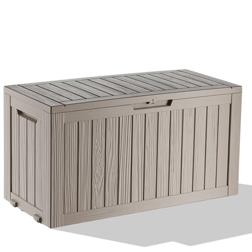 ROJIK Outdoor Storage Housing Deck Box - Waterproof Patio Furniture, Garden Tools, Cushions, Pool Accessories Storage Bench with Lockable Lid and Side Handles (Grey 78 Gal) - color: Grey, size: 78 Gallon