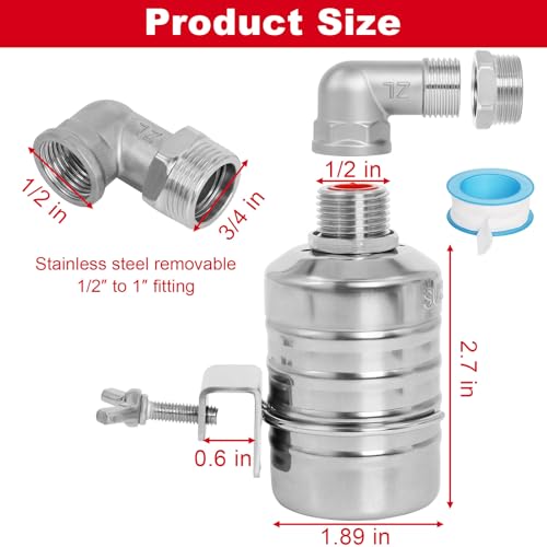 Automatic Float Valve for Water Tank, 2 Pack Stainless Steel Tank Float Valve 1/2" & 3/4", Auto Shut Off Water Level Control Valve for Livestock Trough, Aquarium, Pool