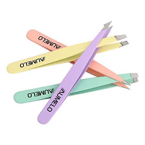 Tweezers Set 4-Piece Professional Stainless Steel Tweezers with Leather Travel Case by AUMELO - Precision Eyebrow and Splinter Ingrown Hair Removal Tweezer - MultiColor - color: Multicolor