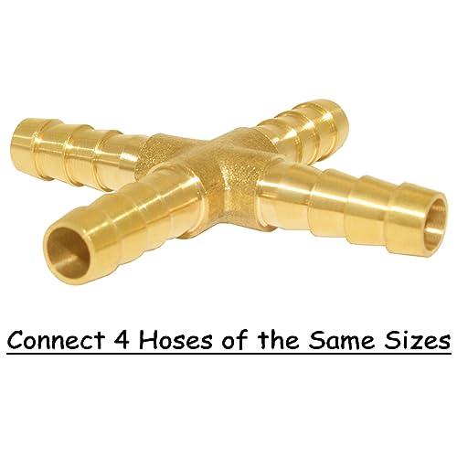 Uenede 2PCS Solid Brass 3/8"OD Barb Fittings 4-Way Union Intersection Hose Pipe Barb Fitting for Water/Oil/Gas - size: 3/8" Barb, style: Cross (4 Way)