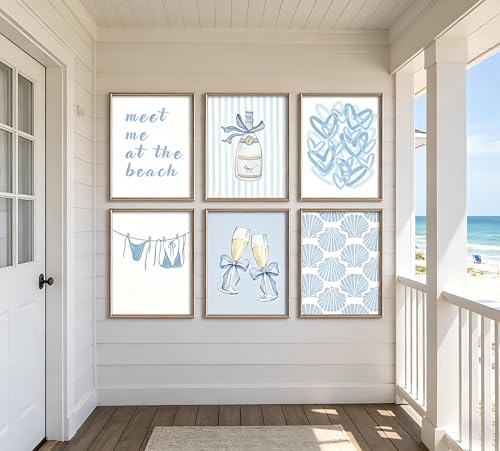 Gschupy Coastal Wall Art Set of 6, Light Blue Beach Decor Pictures with Champagne & Shell Pattern, Unframed Poster Canvas Prints for Bedroom Living Room, Summer Vacation Coastal Home Decor 8x10 Inch - color: Champagne, size: 8x10in