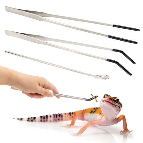 3 Pcs Stainless Steel Reptile Feeding Tool Set with 2 Rubber Tipped Tongs and 1 Crested Gecko Feeding Spoon, Crested Gecko Tank Accessories for Geckos, Lizards, Bearded Dragons, and Small Animals