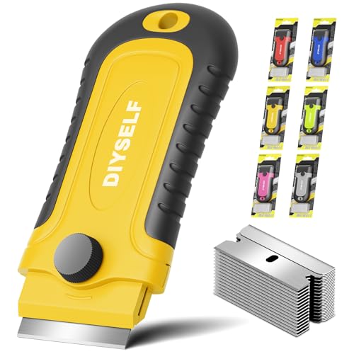 DIYSELF Razor Blade Scraper | 1 Pack Razor Scraper with 15 Razor Blades | Razor Blade Scraper Tool Kitchen | Glass Scraper | Window Scraper | Glass Stove Top Scraper | Paint Scraper | Cooktop Scraper - color: Yellow, size: 1 Pack