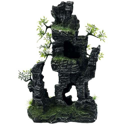Large and Tall Fish Tank Decorations Aquarium Mountain View Stone Decorations Resin Rock Aquascaping with Hiding Cave, Fish Tank Accessories Aquarium Ornaments with Small Plants (C) - color: C
