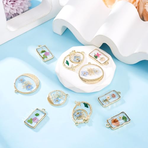 Transparent Flower Resin Charms Round Gold Edge Dried Floral Pendants Flat Round Clear Gold Foil Floral Charms for Necklace Bookmark Keychain Jewelry Making - color: Flower-9