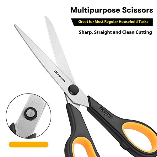 Scissors All Purpose, iBayam 8" Heavy Duty Scissors Bulk 3-Pack, 2.5mm Thickness Ultra Sharp Blade Shears with Comfort-Grip Handles for Office Home School Sewing Fabric Craft Supplies, Right/Left Hand - color: Yellow, Grey, Blue, size: 3-Pack