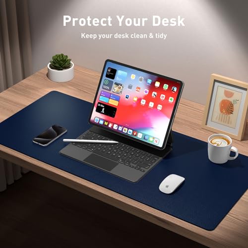 Aothia Leather Desk Pad Protector, Mouse Pad, Office Desk Mat, Non-Slip PU Leather Desk Blotter, Laptop Desk Pad, Waterproof Desk Writing Pad for Office and Home (Dark Blue,23.6" x 13.7") - color: Dark Blue, size: 23.6" x 13.7"