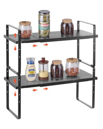 VEVOR Adjustable Kitchen Cabinet Shelf Organizer, Expandable 2 Tier Cabinet Shelf, Stackable Countertop Organizers and Storage Risers, Pantry for Kitchen Bathroom Office, Black - color: Black
