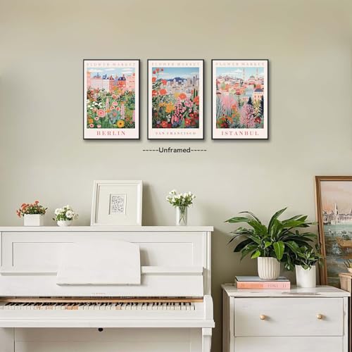 XLARTMY Flower Market Wall Art Prints Canvas Orange and Pink Floral Paintings Colorful Botanical Travel Flower Posters for Home Decor Pictures Set of 3 for Living Room Bedroom 16x24in Unframed - color: Flower Market ORange-2, size: 16x24in Poster