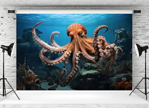 10x6.5ft Octopus Backdrop Underwater Coral Reef Blue Ocean Background for Marine Themed Party Birthday Aquarium Event Halloween Decor Photo Studio Booth Props Banner Wallpapers - size: 10x6.5FT