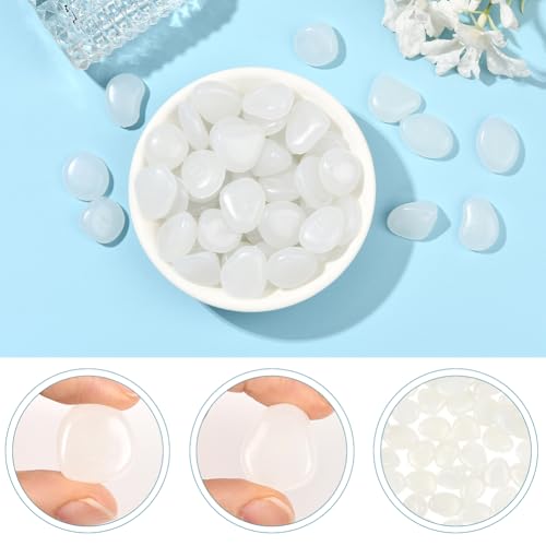 1 Box 100Pcs Glow Pebbles Fish Tank Decor Glowing Aquarium Rocks White Resin Gravel Luminous Decorative Stones for Garden Landscaping Pathway Driveway Outdoor Pot Plants Bonsai Yard Decor - color: White