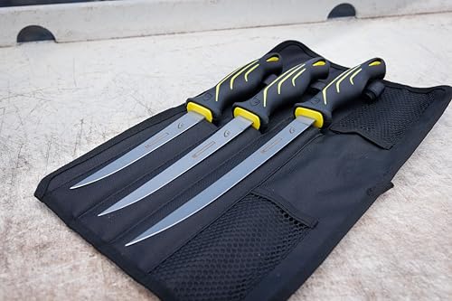 Gambler danco 4PC Fishing Fillet Knife Kit, 6", 7", 9" with Roll Bag, Fish Fillet and Deboning Knives, Freshwater and Saltwater Fishing, Non-Slip Handle, Durable Roll Bag, Stainless Steel Blades - style: Without Sharpener