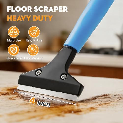 Heavy-Duty Floor Scraper with Long Handle (37''-51.5''), 4-Inch Metal Scraper Cleaning Tool, Comes with 10 Blades, Suitable for Cleaning Walls, Glass, Adhesives, Chewing Gum, and Ceilings - size: 51.5in